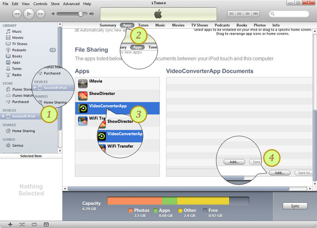 add video files via iTunes file sharing